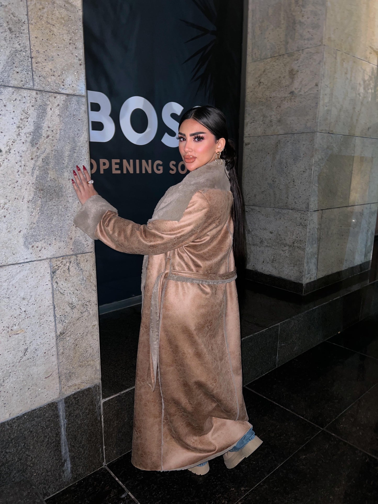 Long leather trench coat with belt