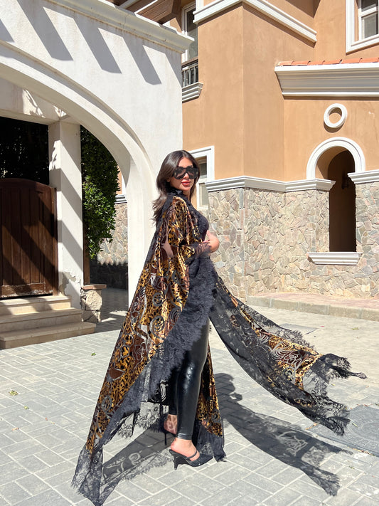 leopard velvet lace abaya