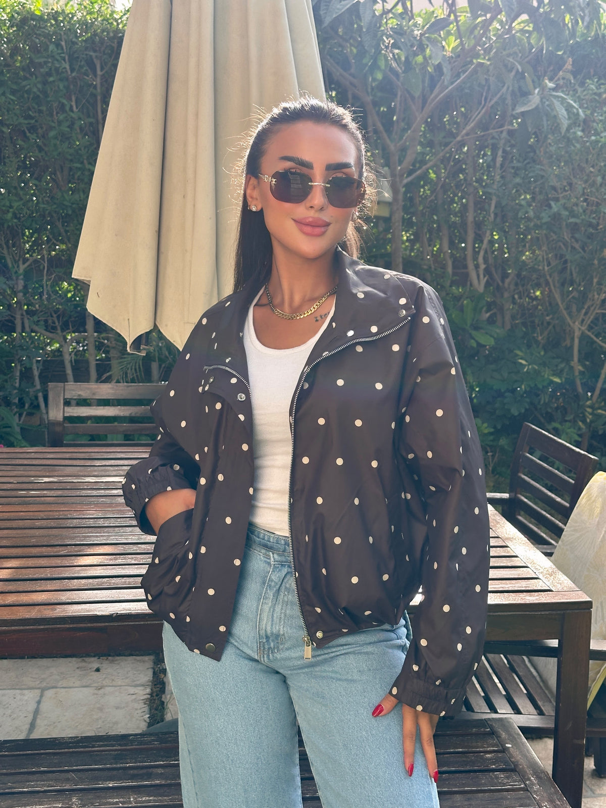 polka dot bomber jacket