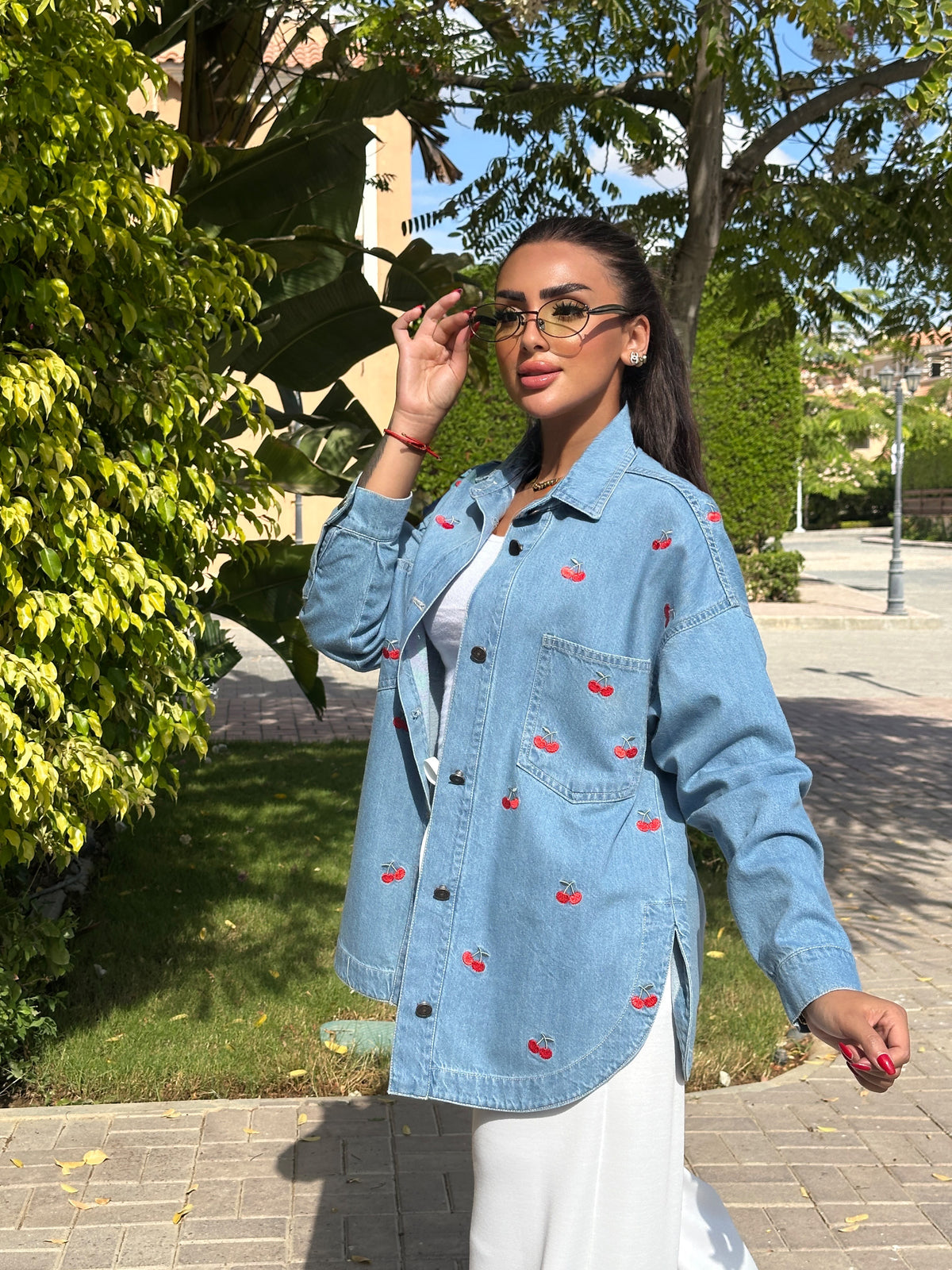 cherry denim jacket