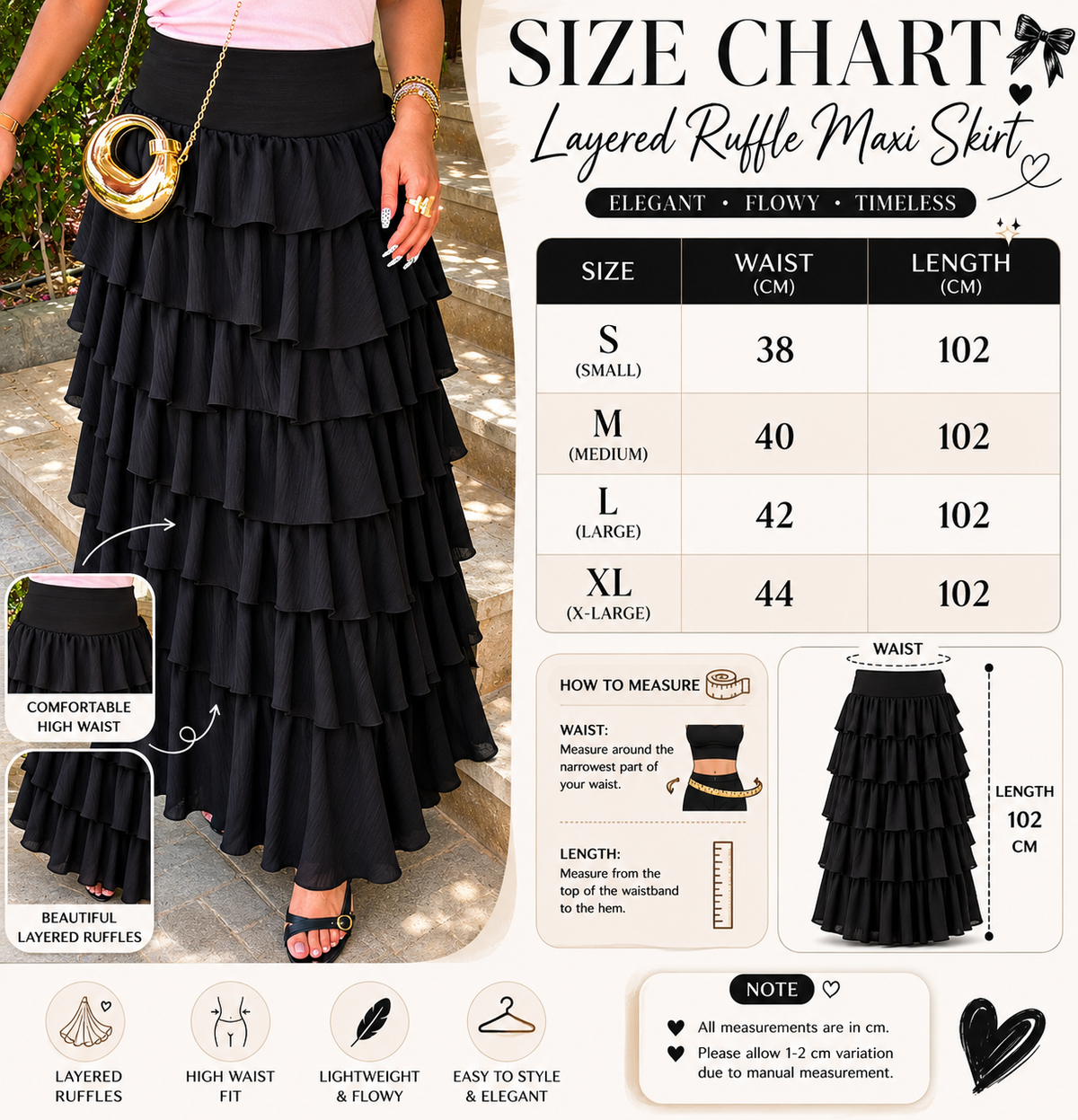 Size Guide - Layered ruffles maxi skirt
