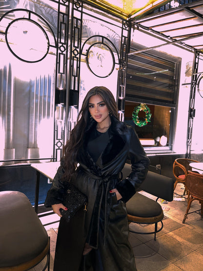 Long leather trench coat with belt