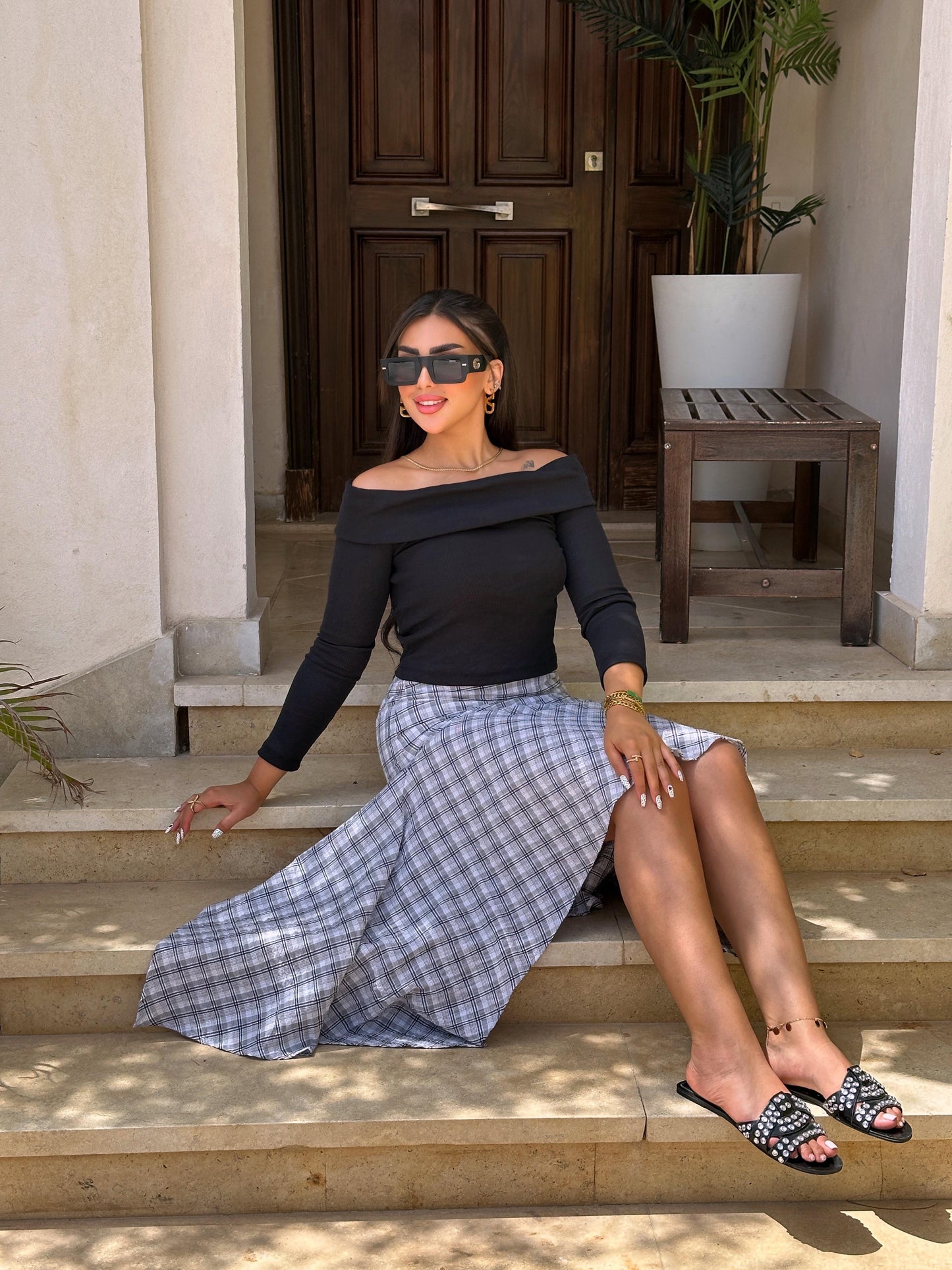 Asymmetric carreaux midi skirt