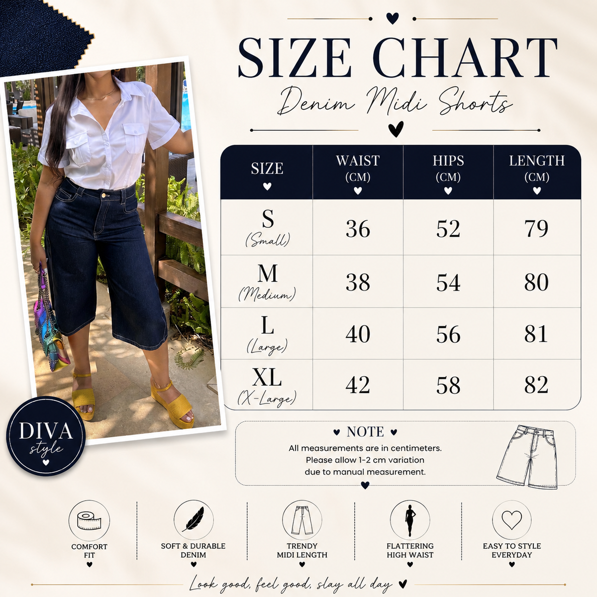 Size Guide - Denim midi shorts
