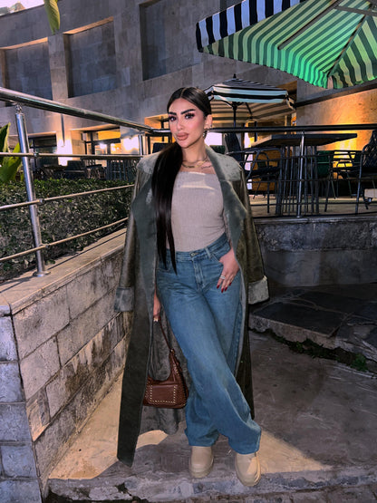 Long leather trench coat with belt