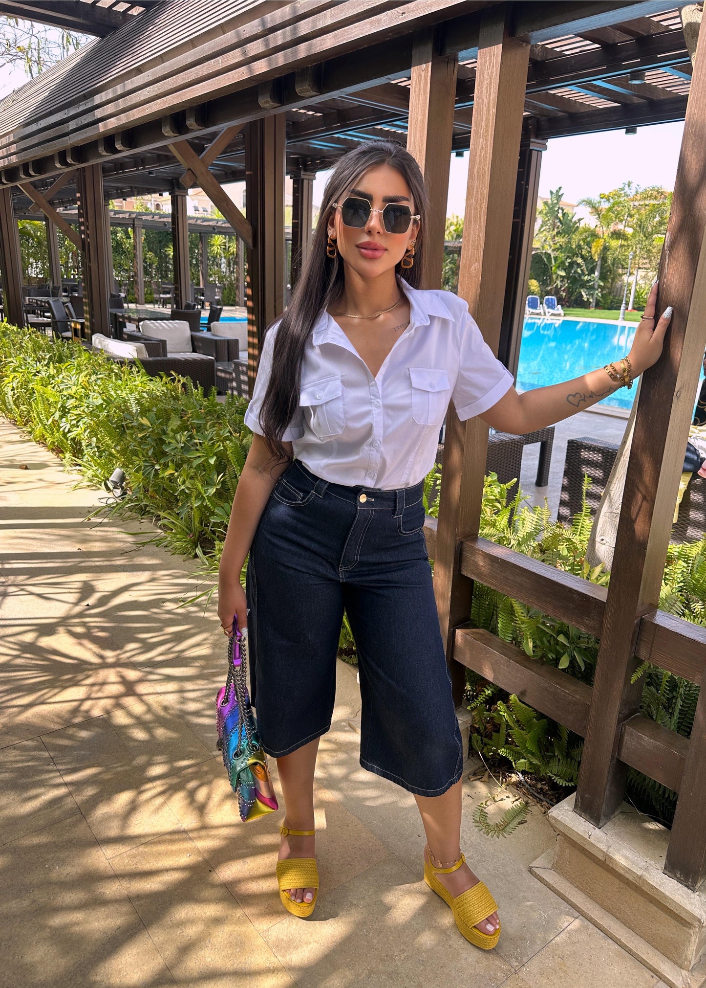 Denim midi shorts