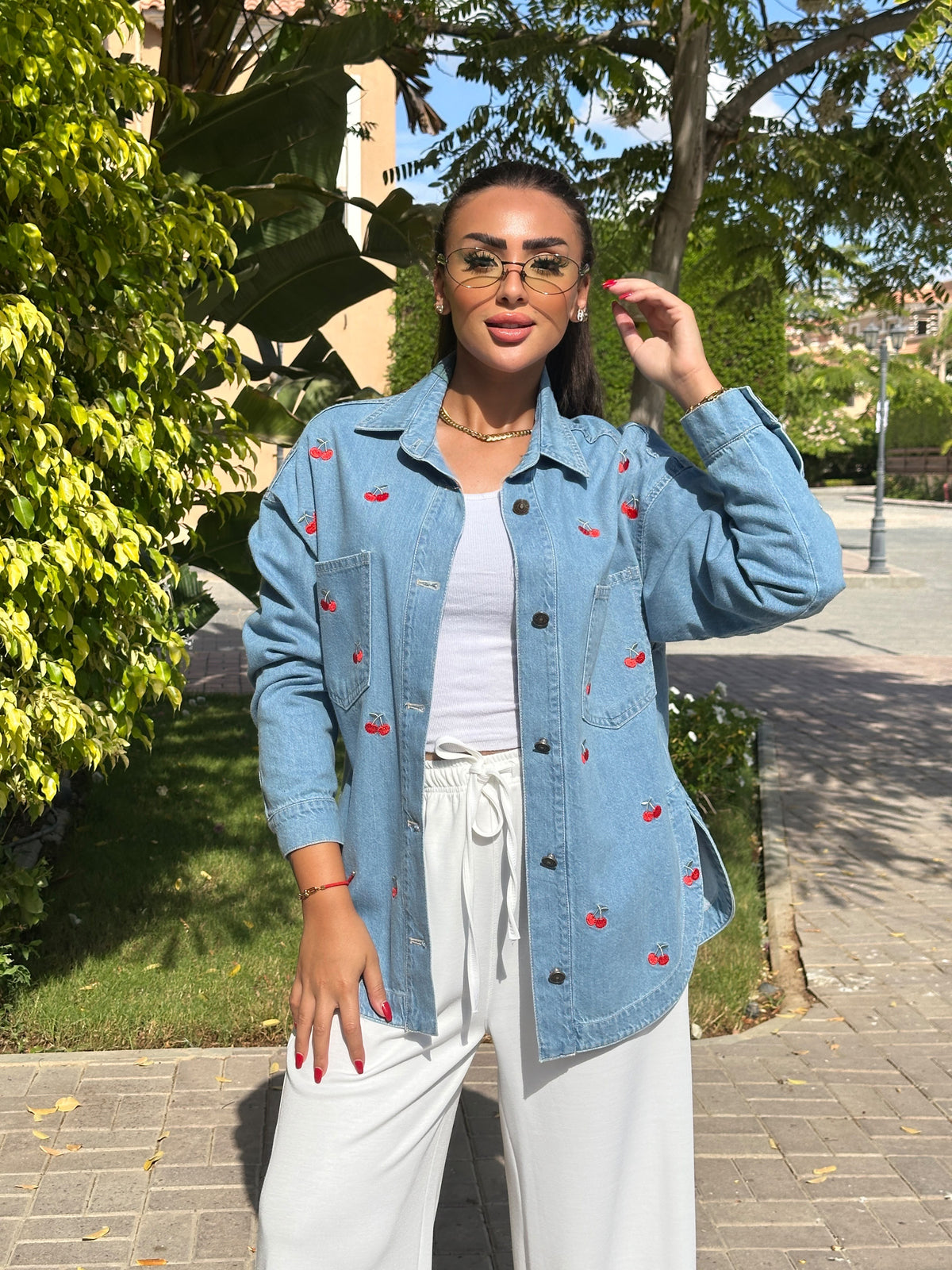 cherry denim jacket