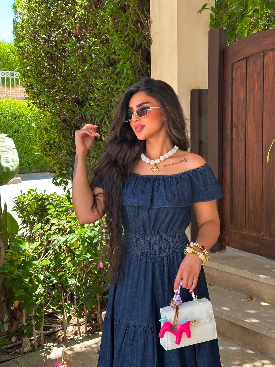 off-shoulder denim dress