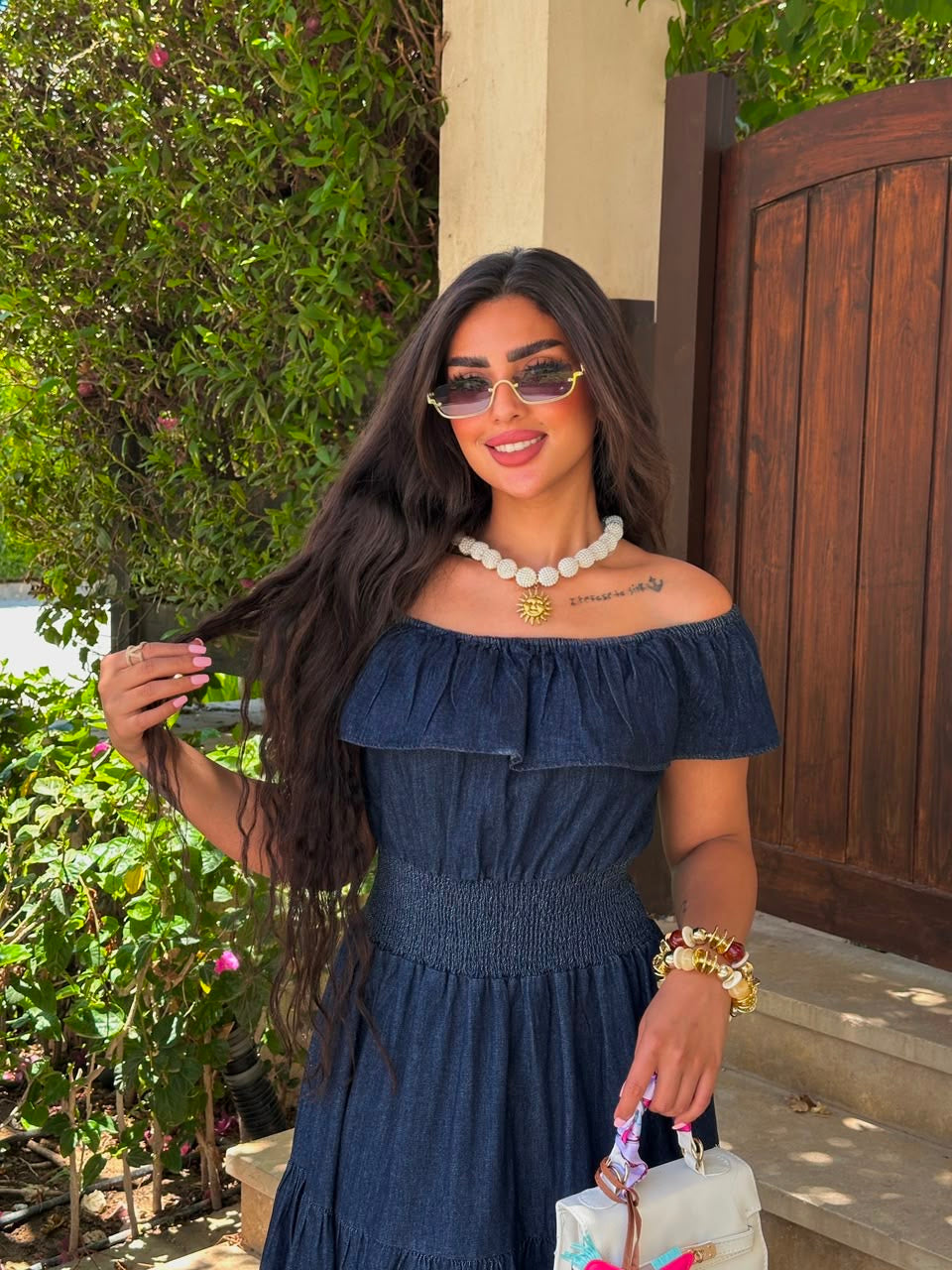 off-shoulder denim dress