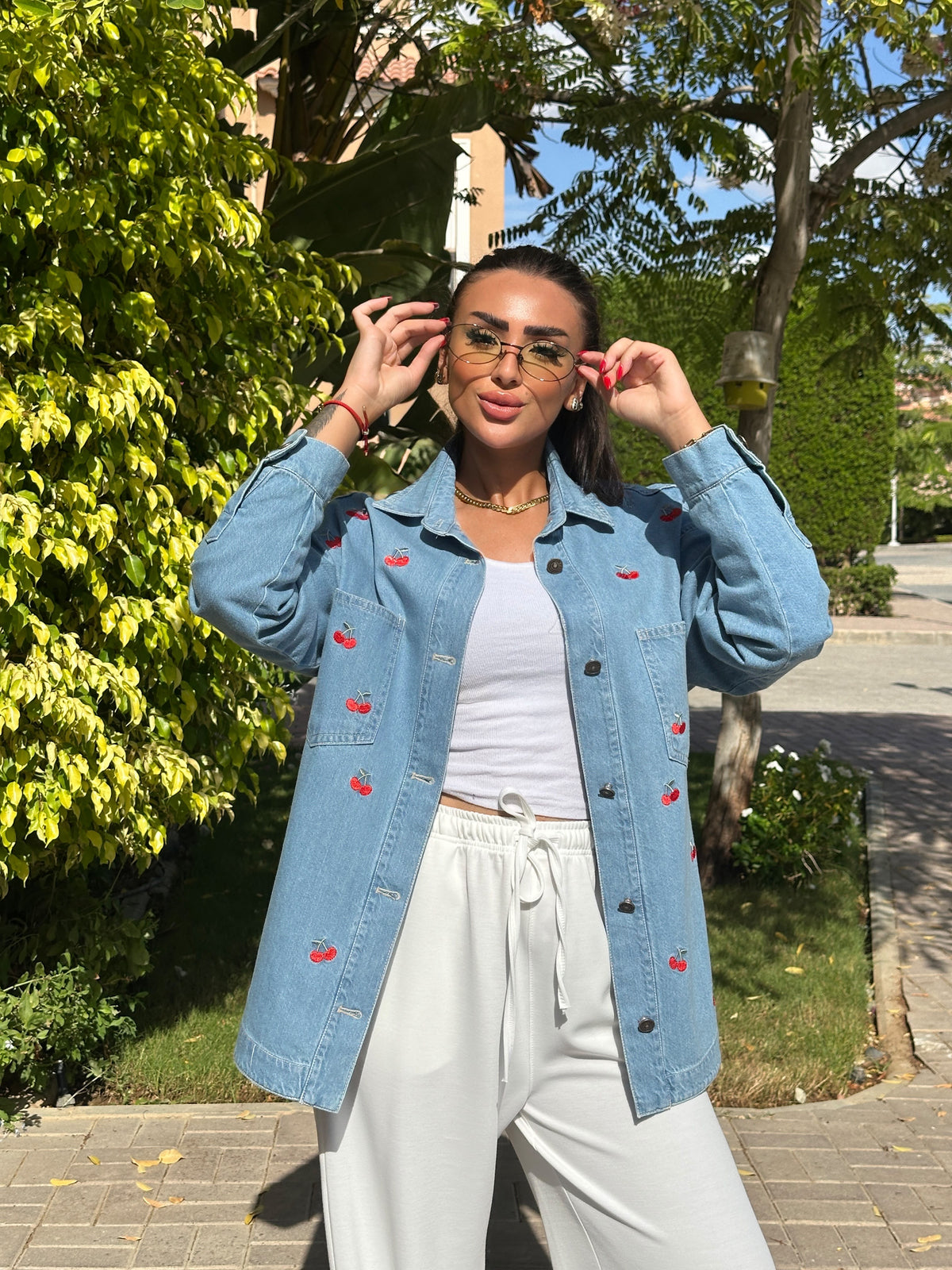 cherry denim jacket
