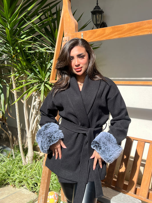 wool coat with fur on sleeves