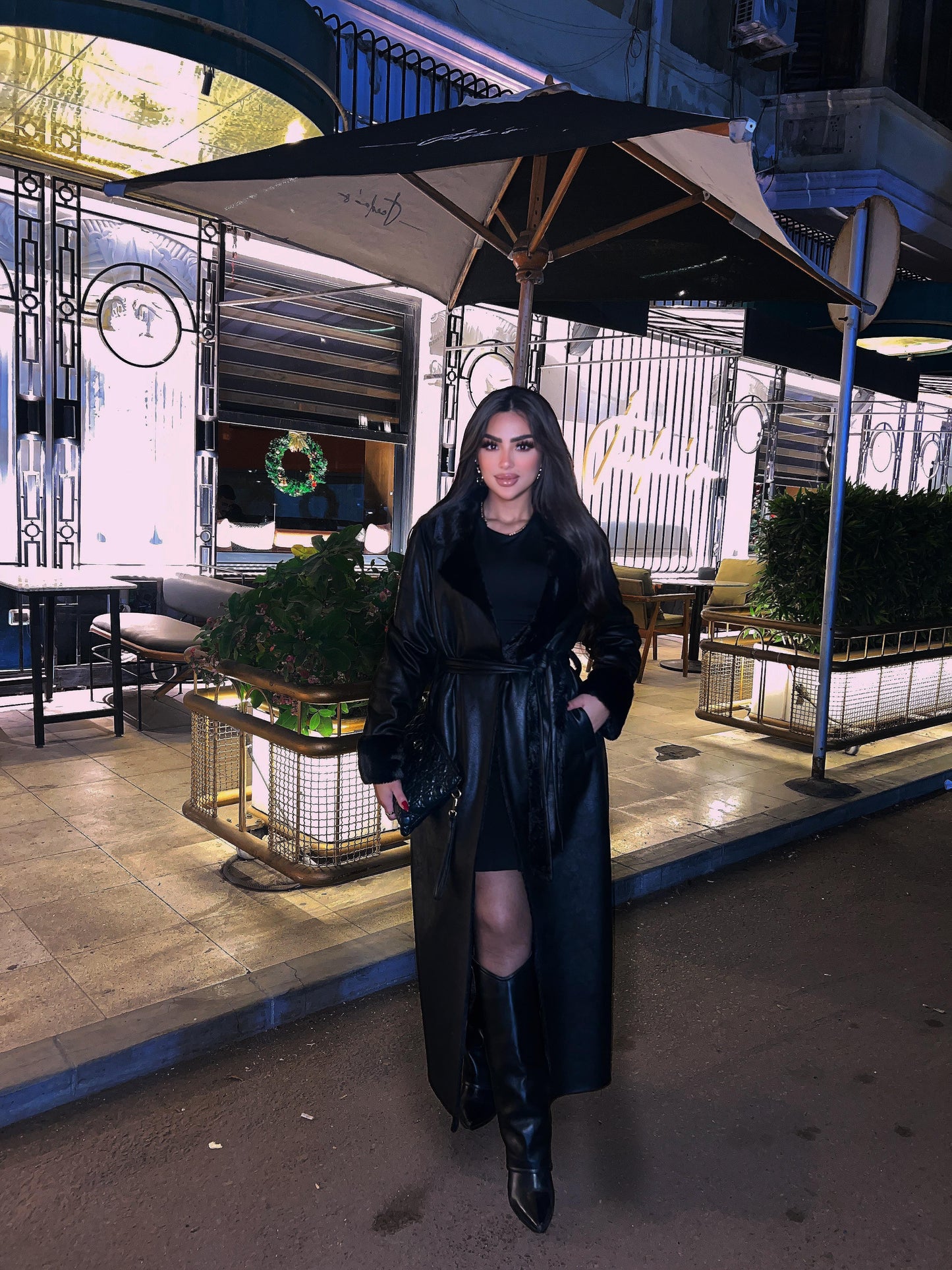 Long leather trench coat with belt