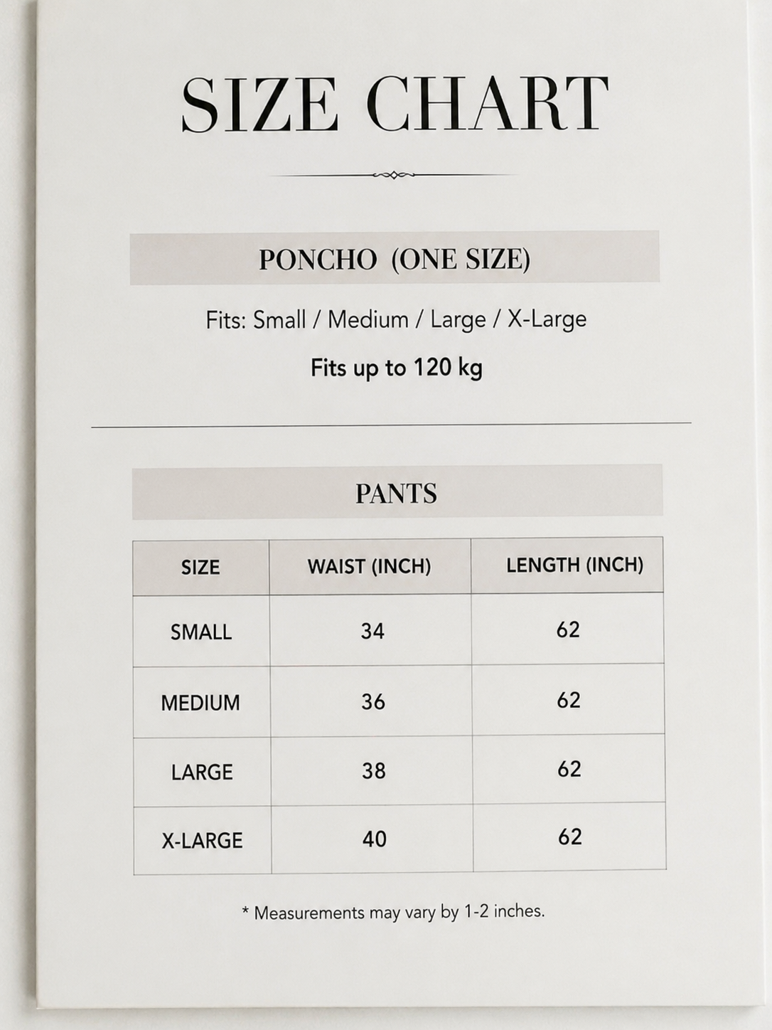 Size Guide - Floral Poncho Set