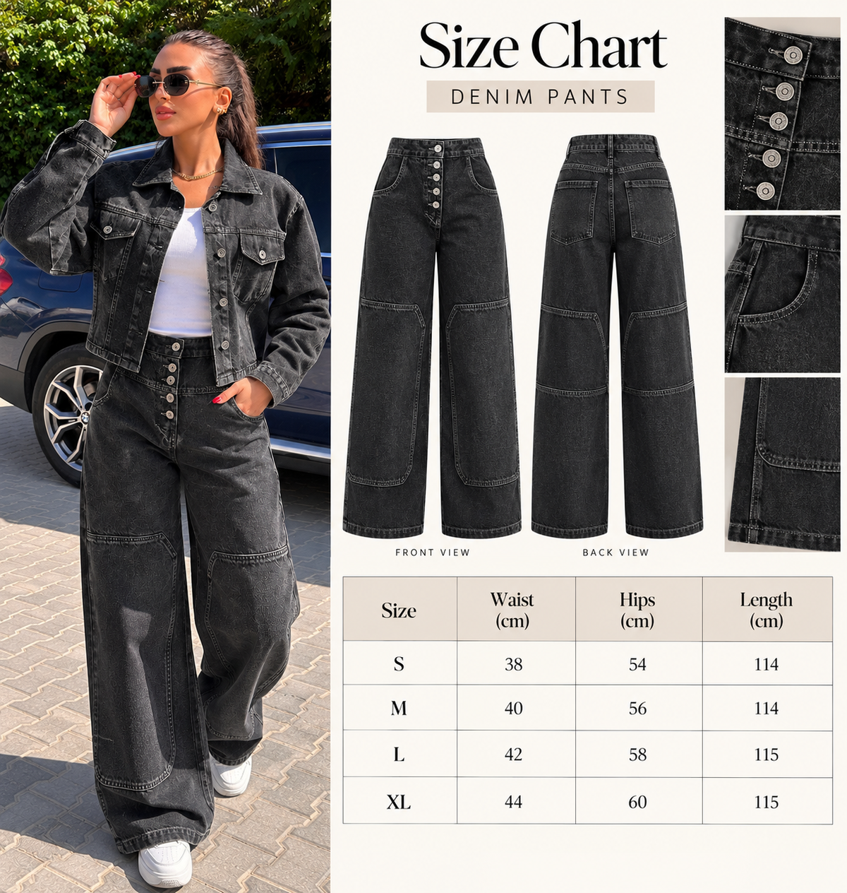 Size Guide - Washed Black Wide-Leg Denim Pants