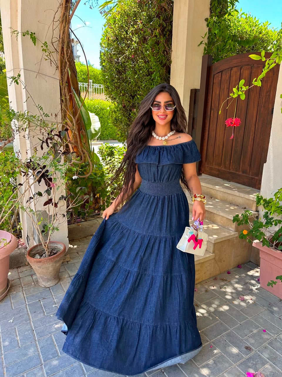off-shoulder denim dress