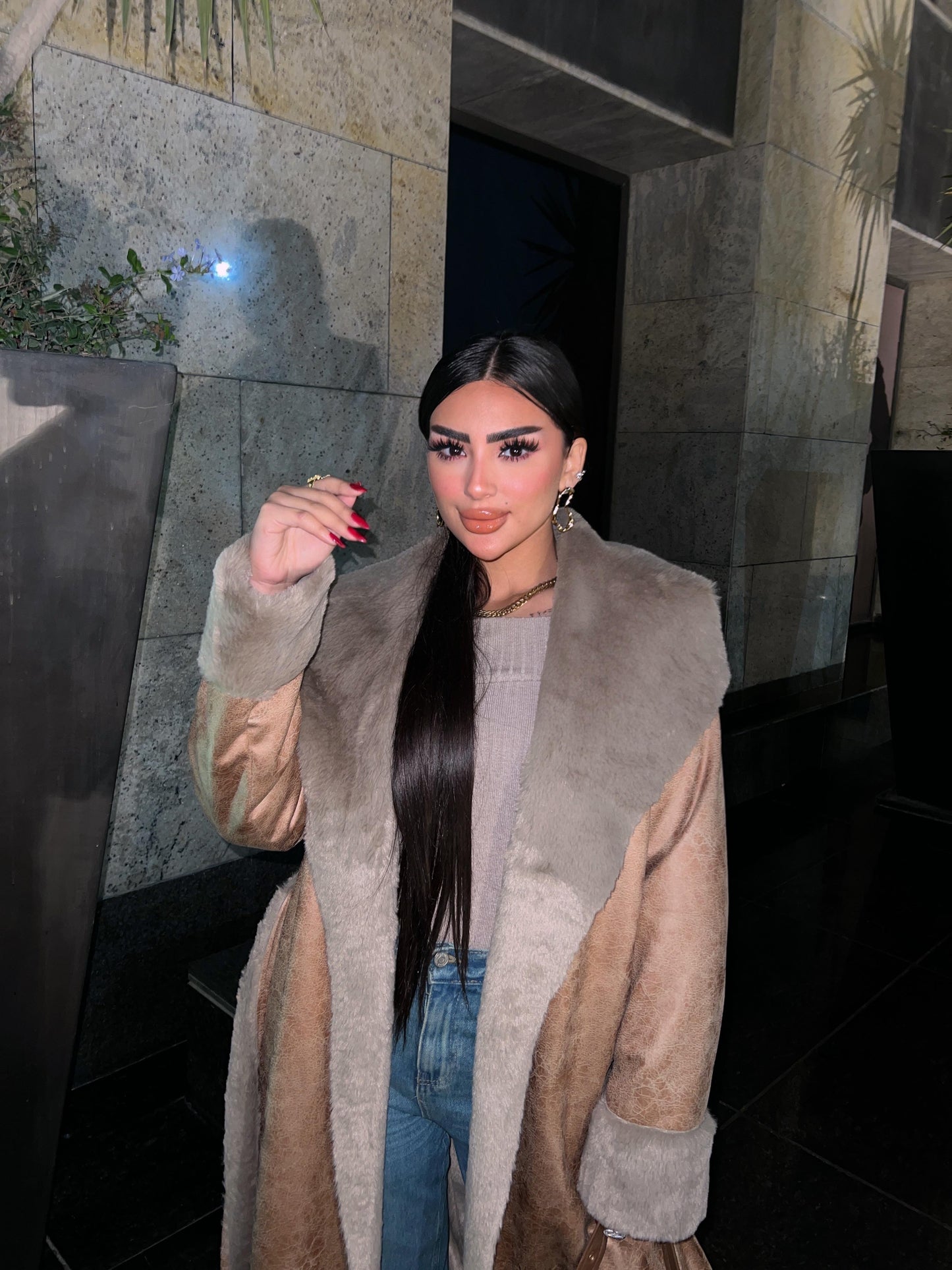 Long leather trench coat with belt