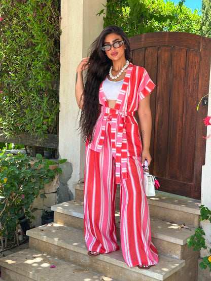 striped tie waist set