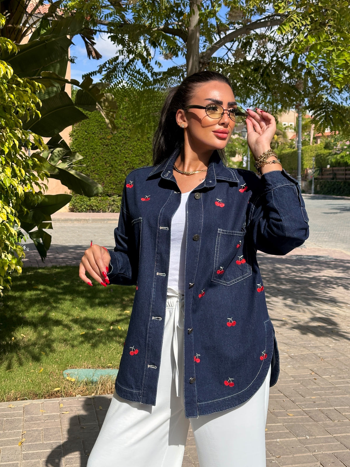 cherry denim jacket