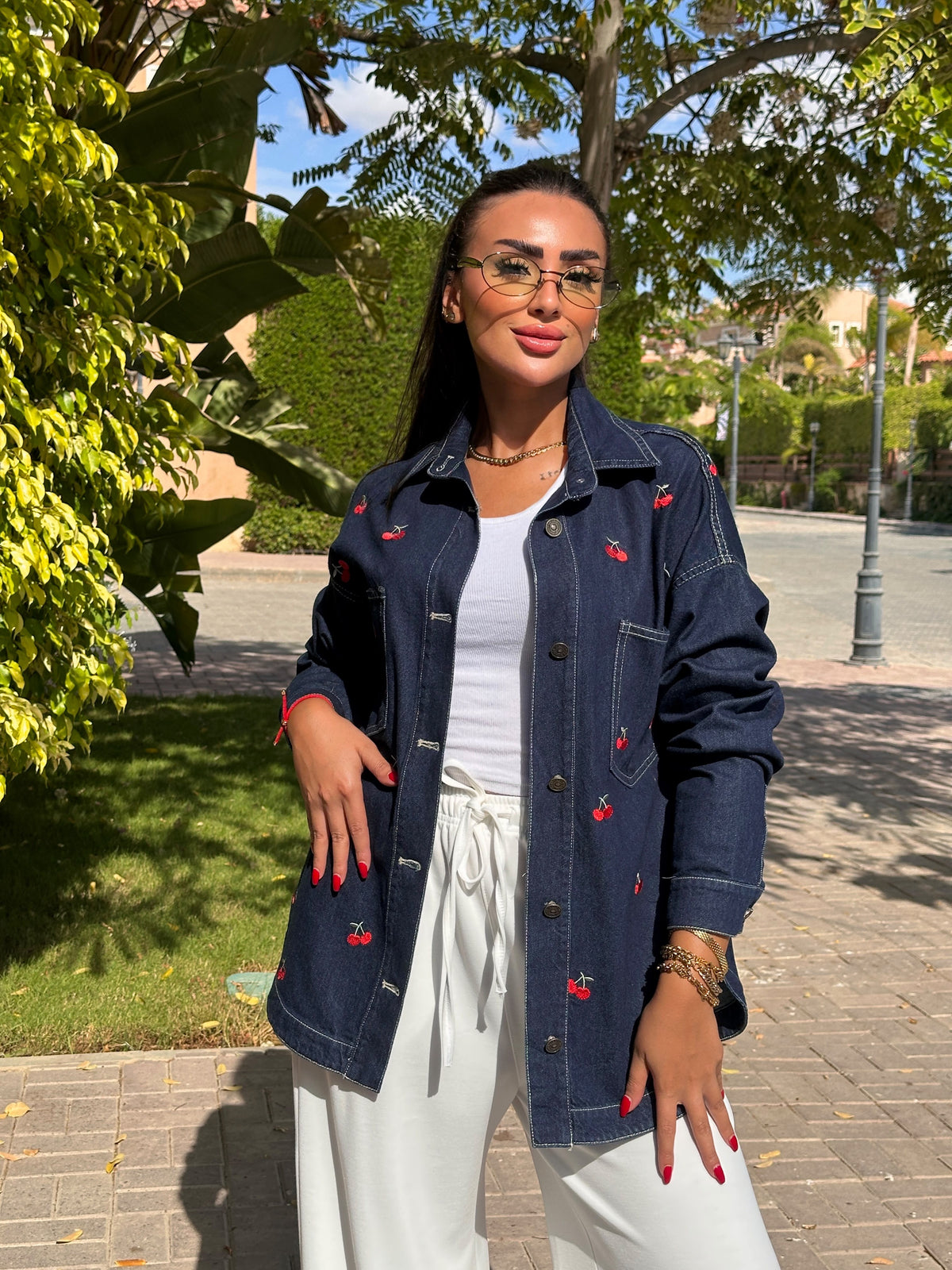 cherry denim jacket
