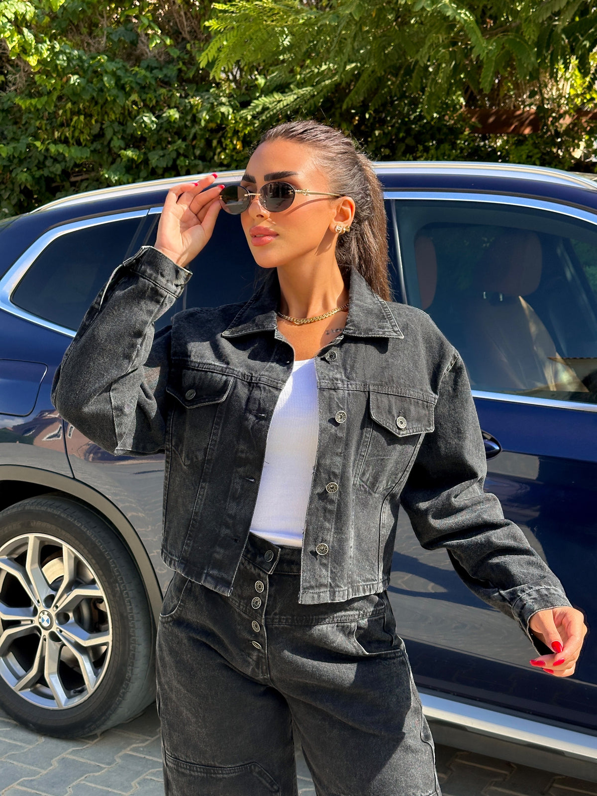 Washed black short denim jacket