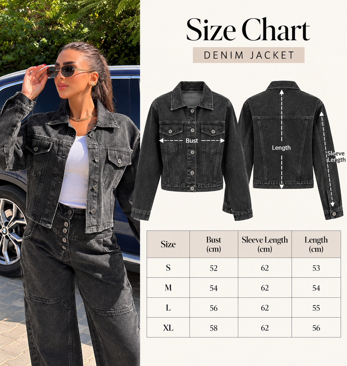 Size Guide - Washed black short denim jacket