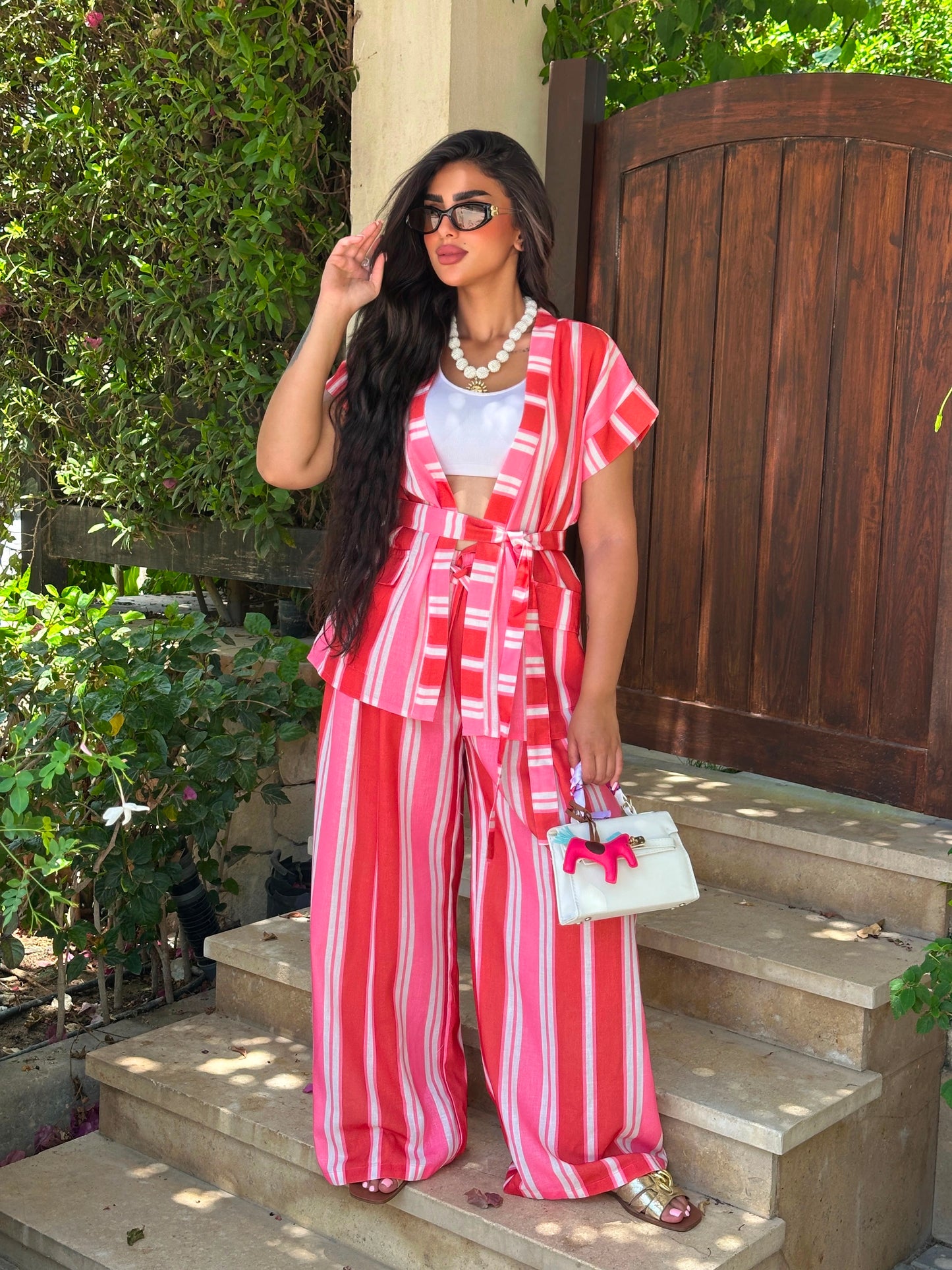 striped tie waist set