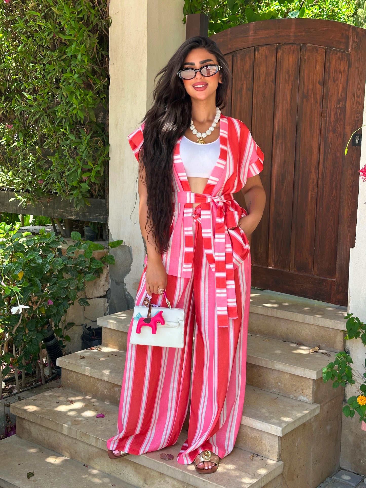 striped tie waist set