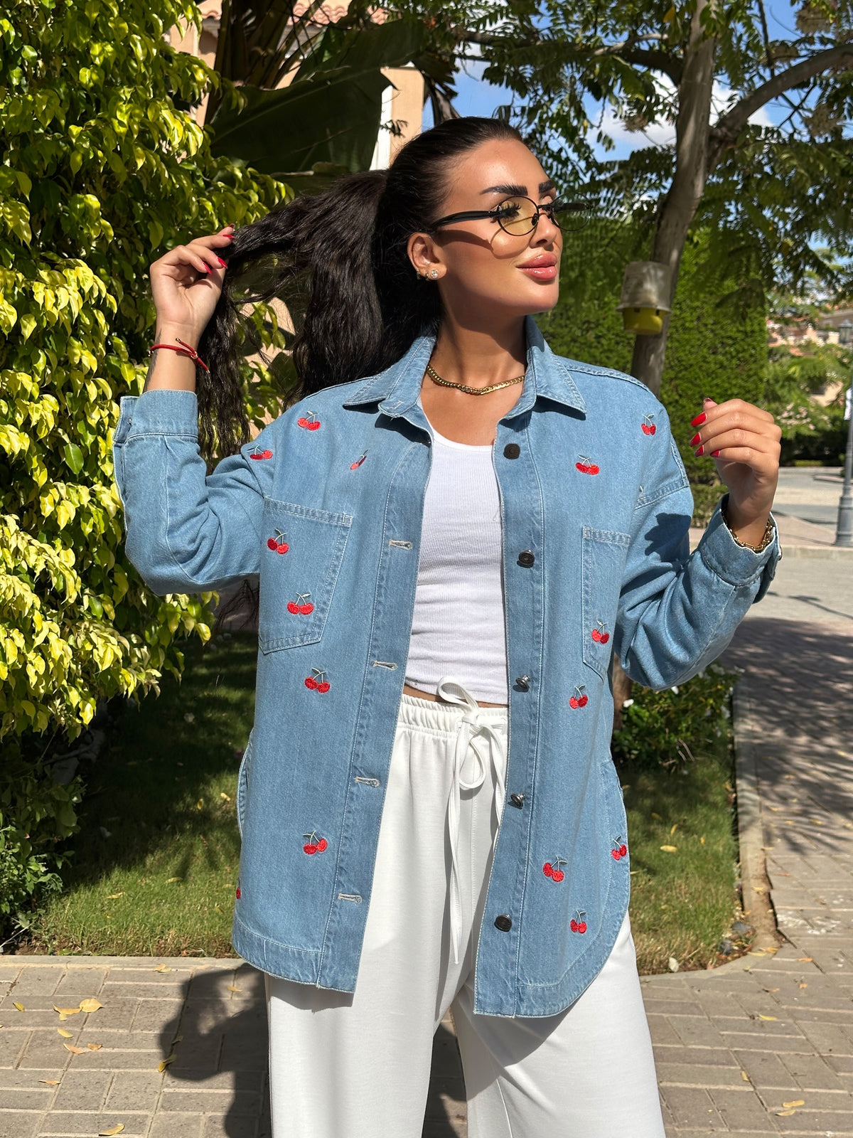 cherry denim jacket
