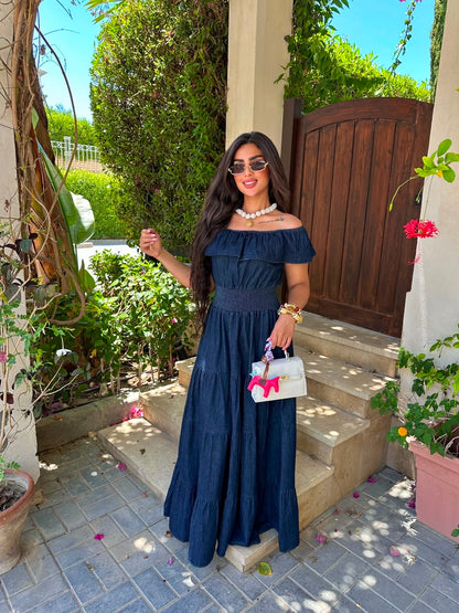 off-shoulder denim dress