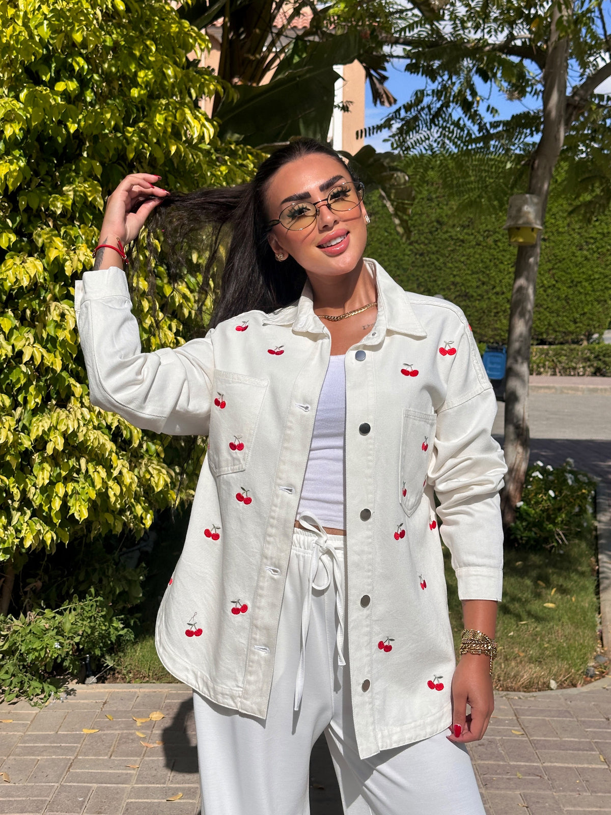 cherry denim jacket