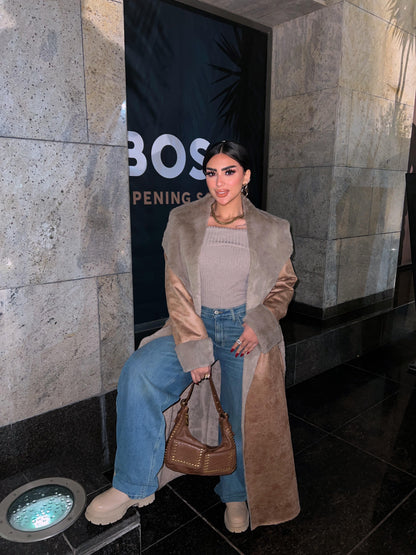 Long leather trench coat with belt