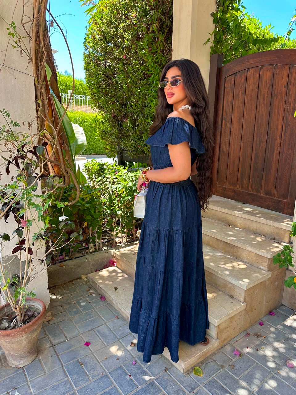 off-shoulder denim dress