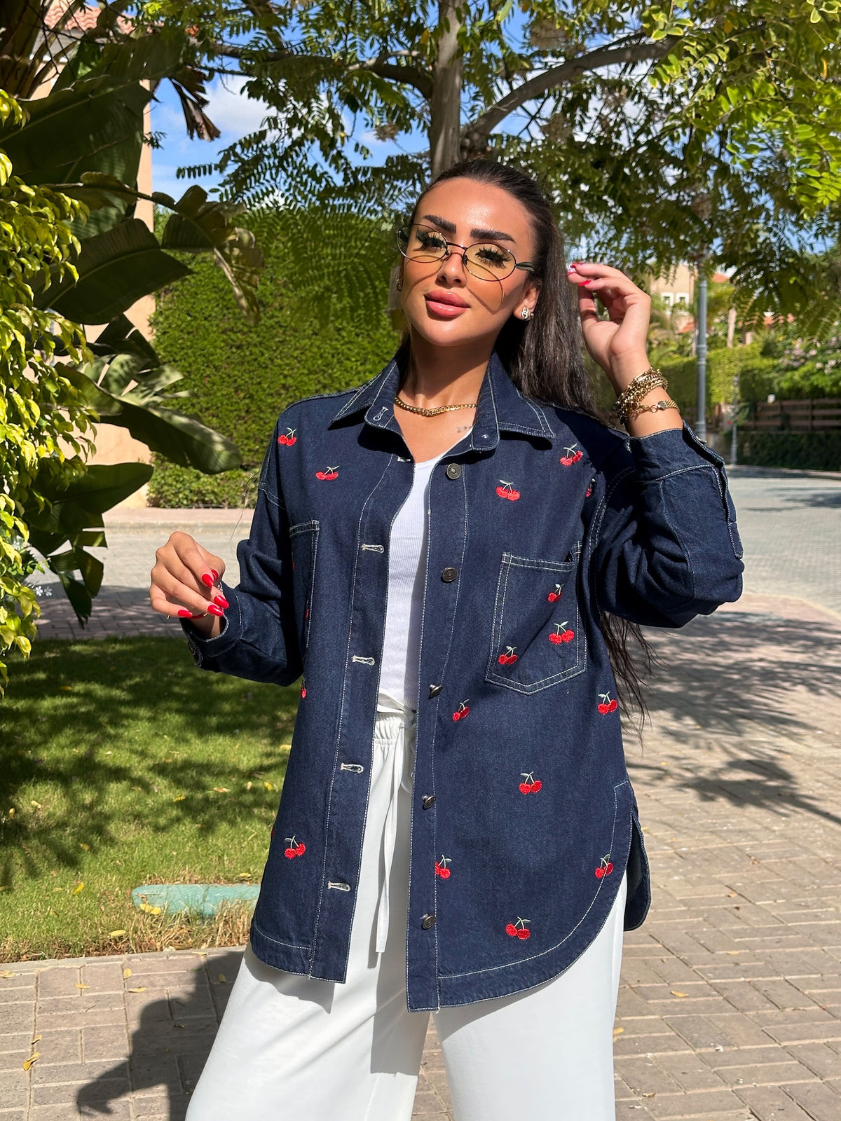 cherry denim jacket