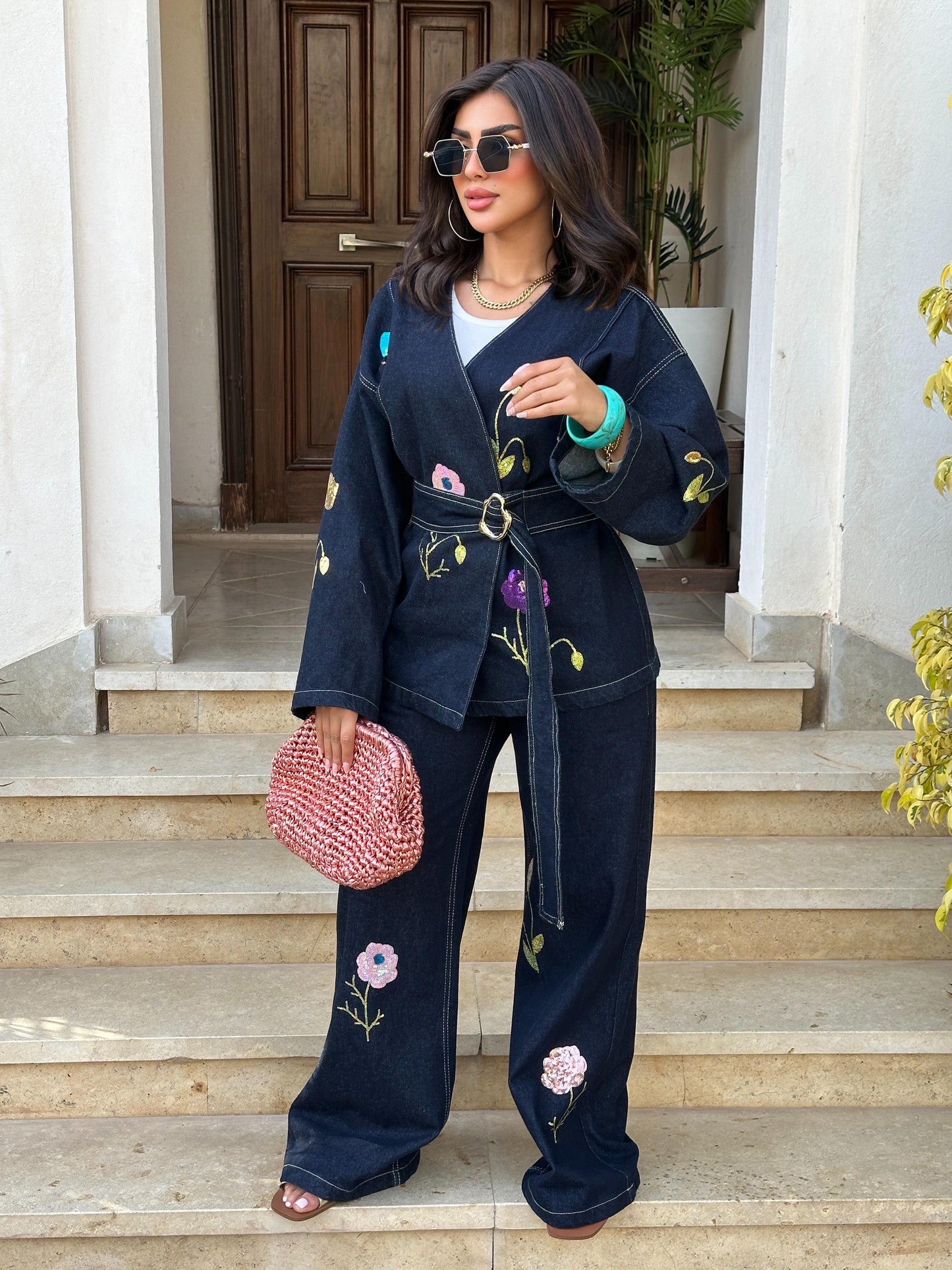 Floral wrapped denim set