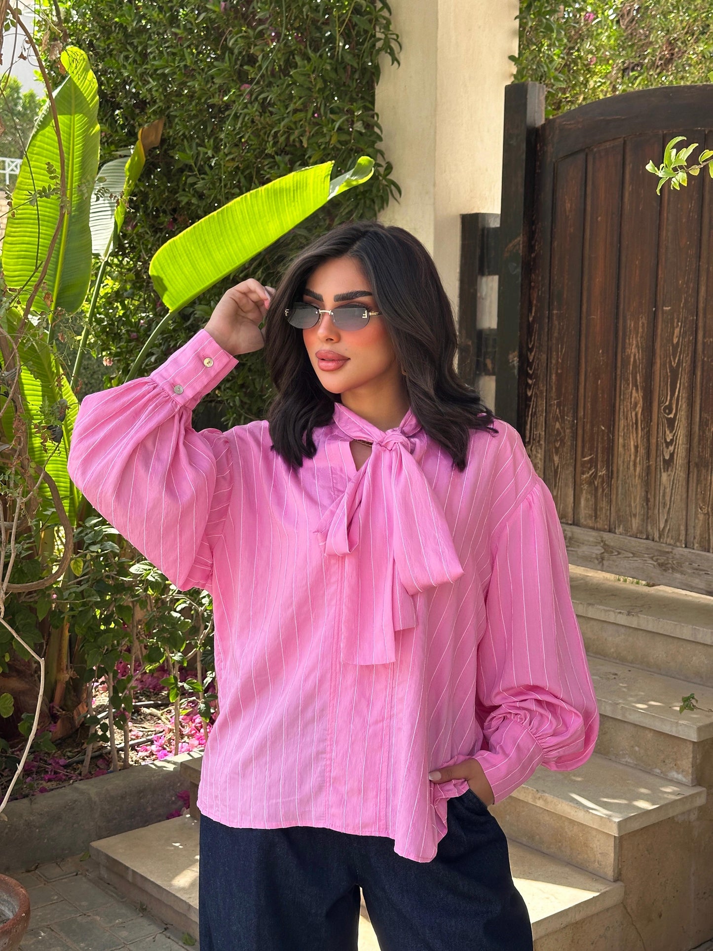 Striped Tie-Neck Blouse